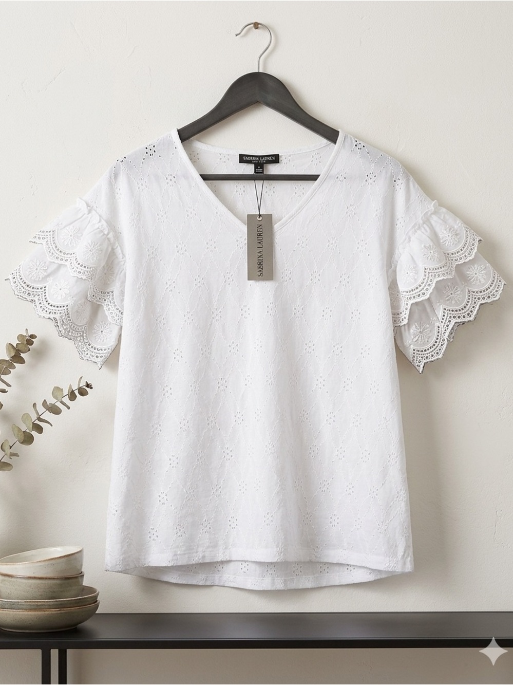 Women’s White Eyelet Ruffle Sleeve Tee - Picture 2 of 12